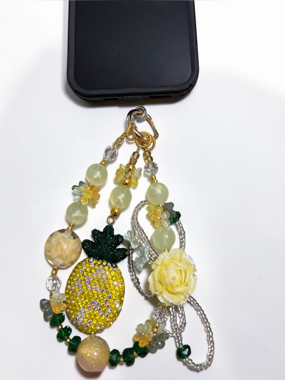 Yellow Pineapple Bead Phone Charm with Rose and Crystal Accents